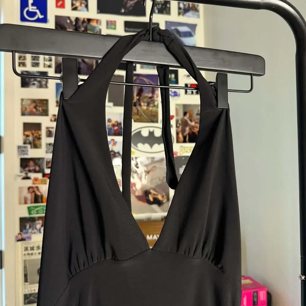 Vintage Black Halter Dress Pleated Maxi V-Neck S
